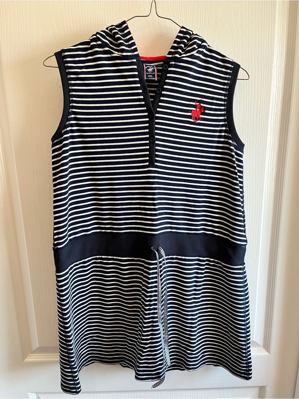 Beverly Hills Polo Club Navy White Striped Sleeveless Hoodie Dress with Red Pony